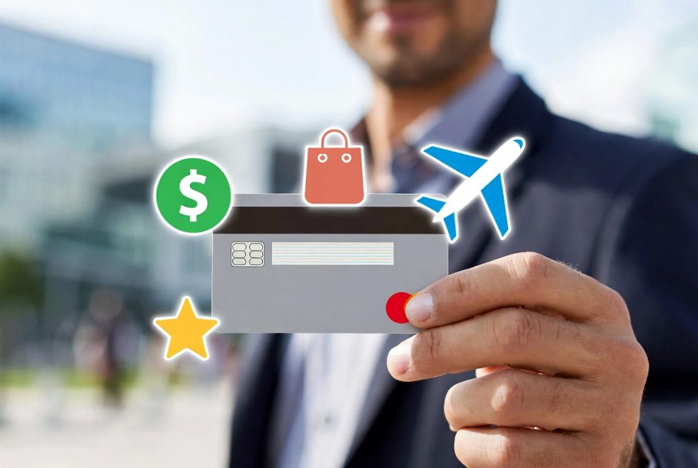Credit card rewards, cashback, and travel benefits concept