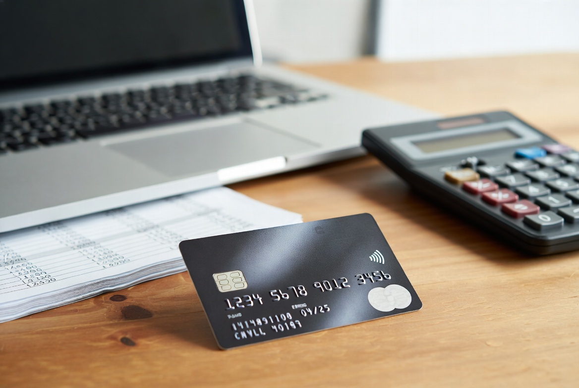 Modern credit card on desk with laptop and financial documents