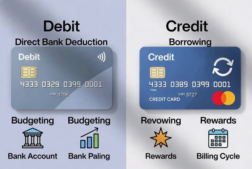 Side by side comparison of debit card and credit card usage and features