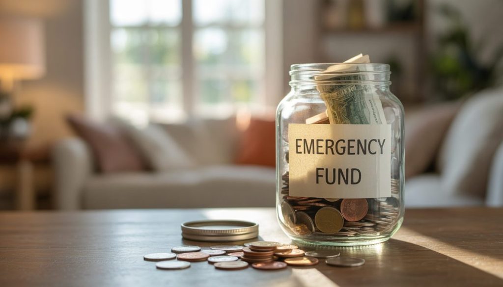Emergency fund savings jar filling with coins for financial security