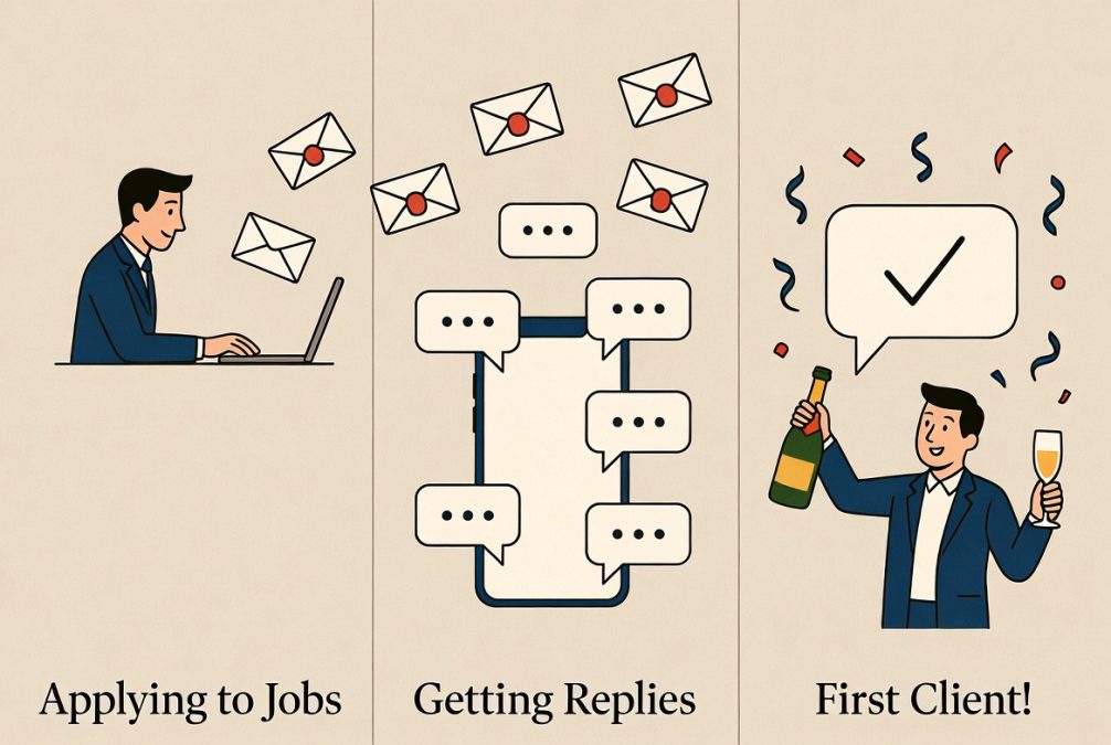 Freelancer getting first client with notifications and success moment