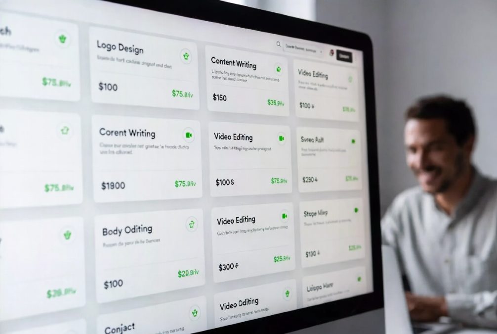 Fiverr gig marketplace interface with freelancer services display