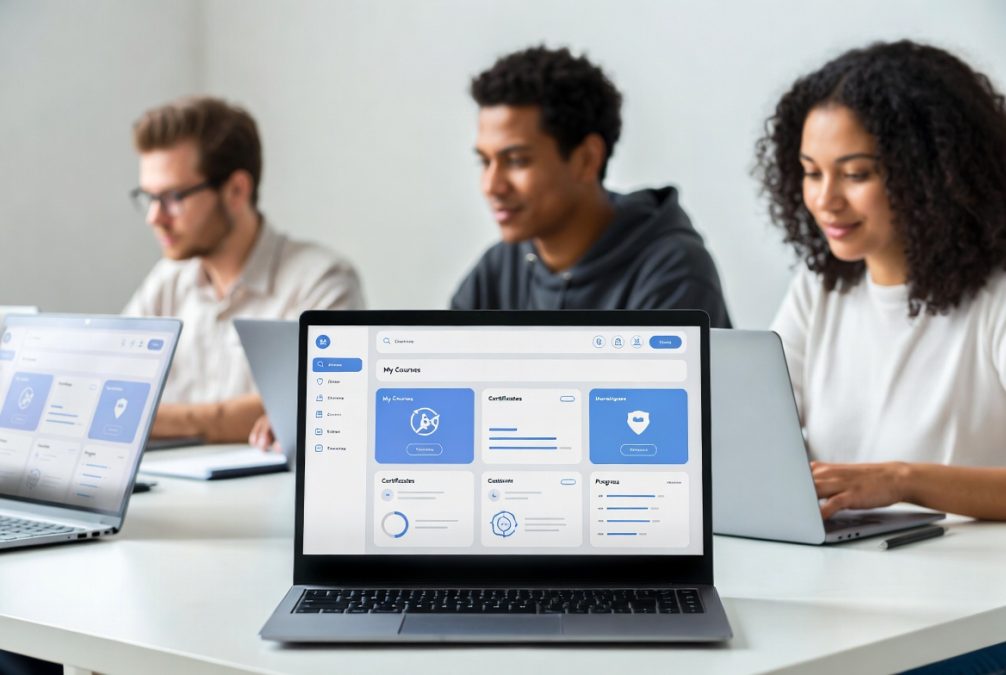Free Online Courses with Certificates 2026 on laptop screen with modern workspace setup