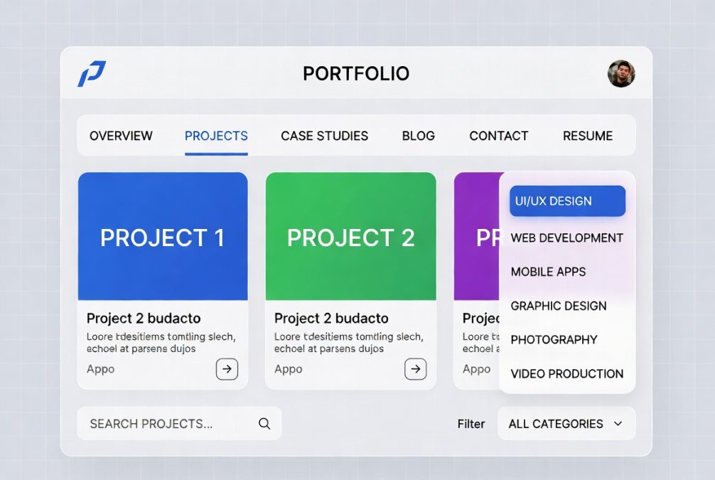 Freelance portfolio dashboard showing work samples and case studies