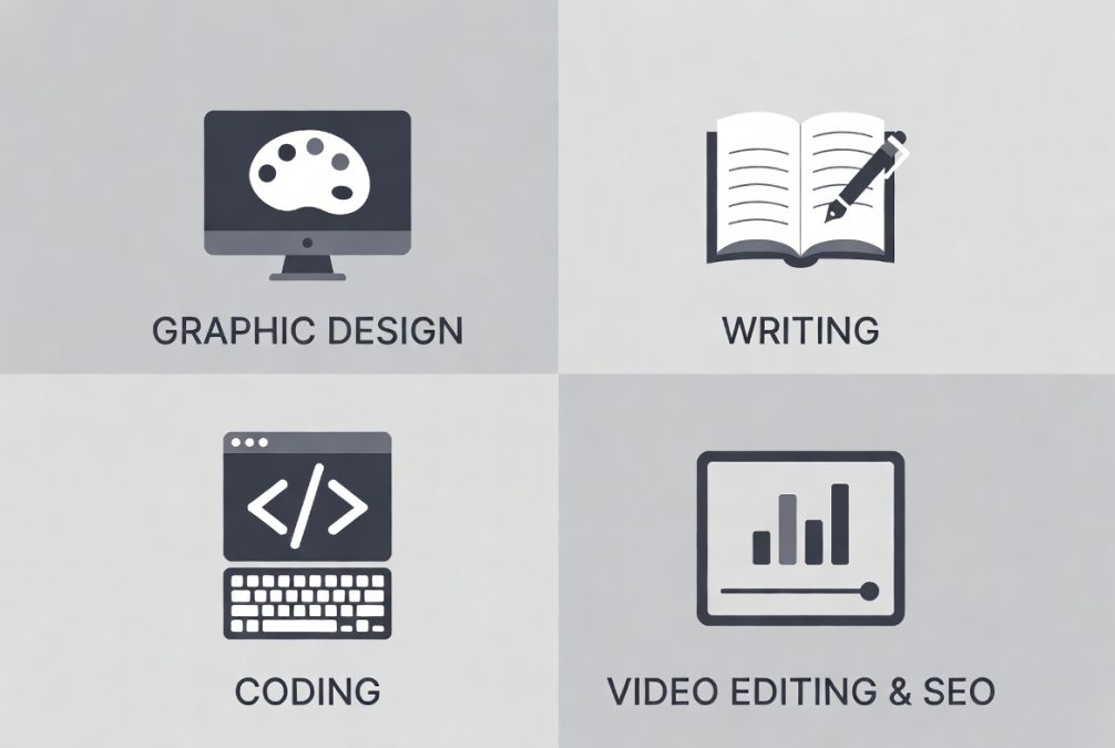 Different freelancing skills like writing, design, coding, and SEO