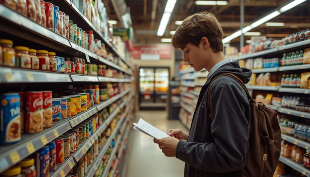 Budget-conscious shopper comparing grocery prices in supermarket