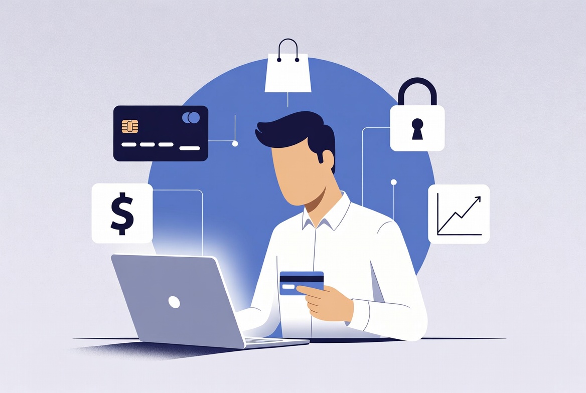 How credit cards work illustration showing online payment and digital finance concept