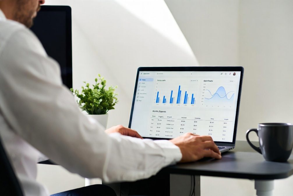 Monthly budget planning and expense tracking on laptop dashboard