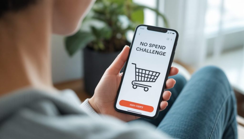 Person practicing no-spend challenge and avoiding online shopping