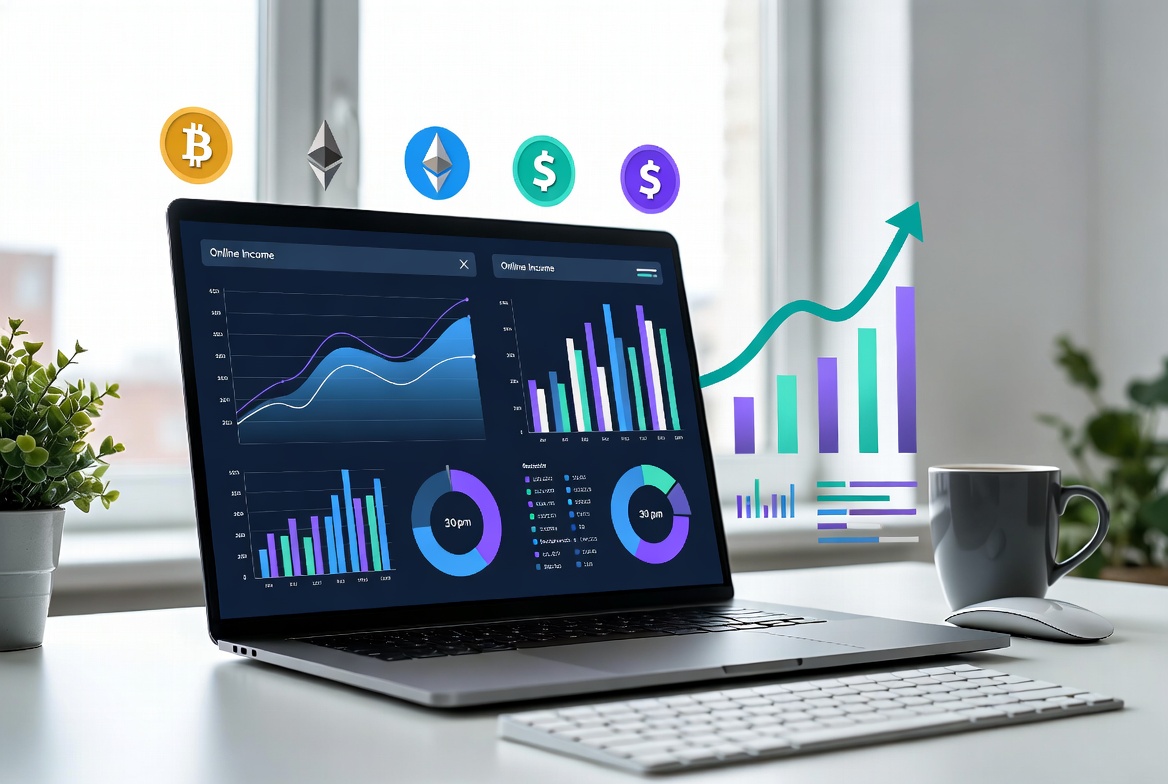 Modern digital workspace showing online earning charts and virtual currency icons for beginners in 2026