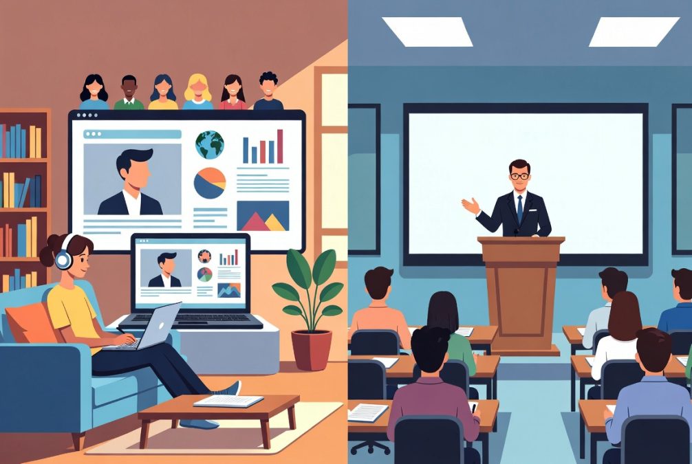 Online education vs traditional education comparison with laptop learning and classroom teaching