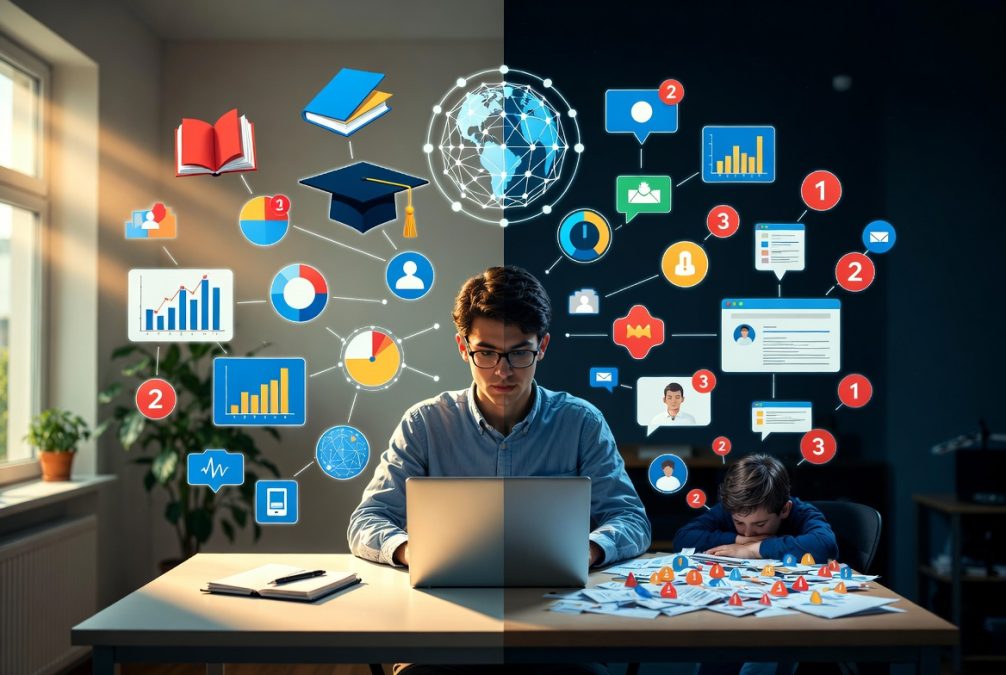 Student studying online with laptop showing advantages and disadvantages of online learning in a modern digital education