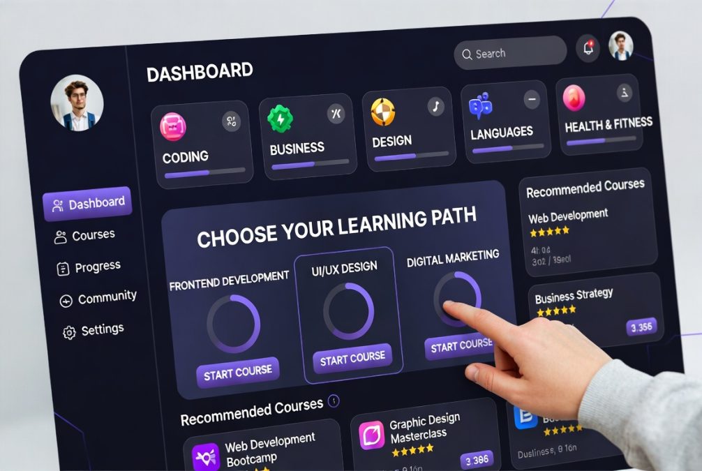 Student exploring wide variety of online courses across different subjects on digital learning platform