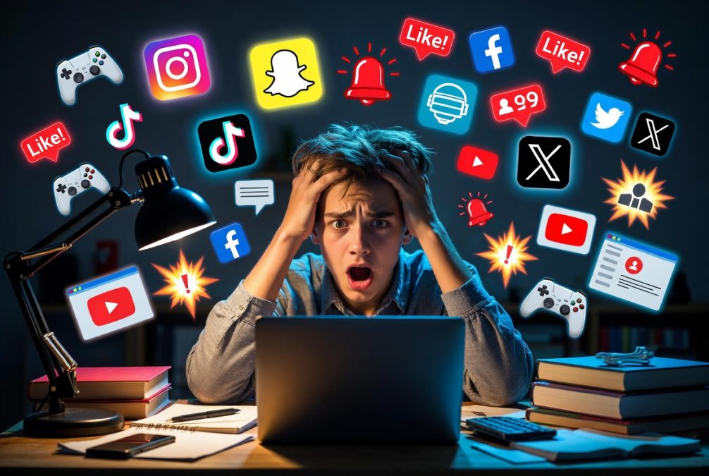 Student struggling to focus on online learning due to digital distractions