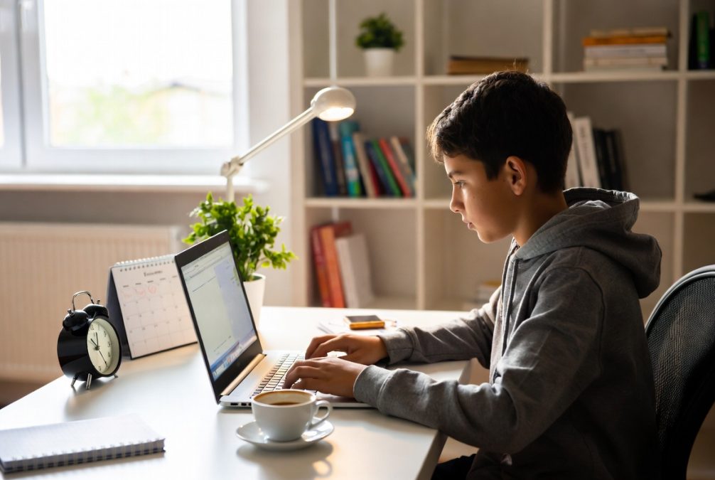 Student enjoying flexible online learning schedule with laptop in a comfortable home environment