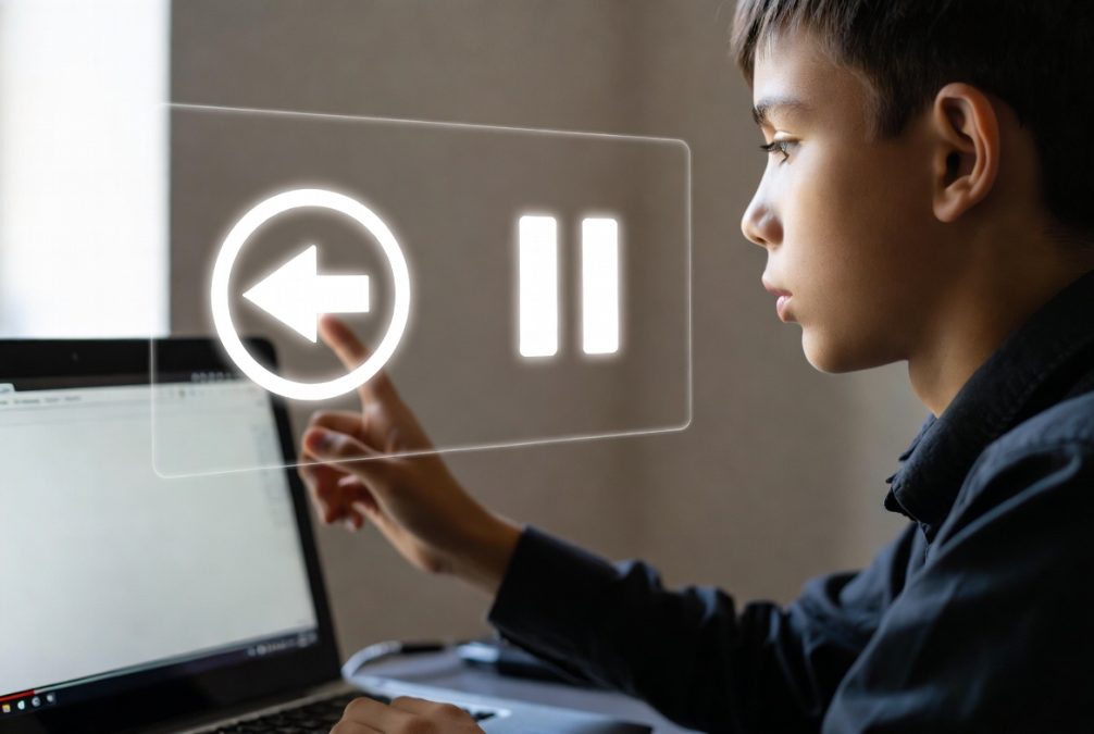 Self-paced online learning concept showing student controlling study speed through digital tools