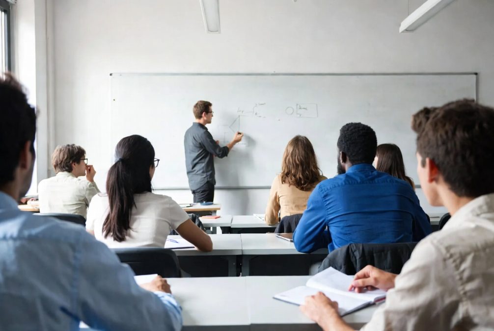 Traditional classroom education with teacher and students in university
