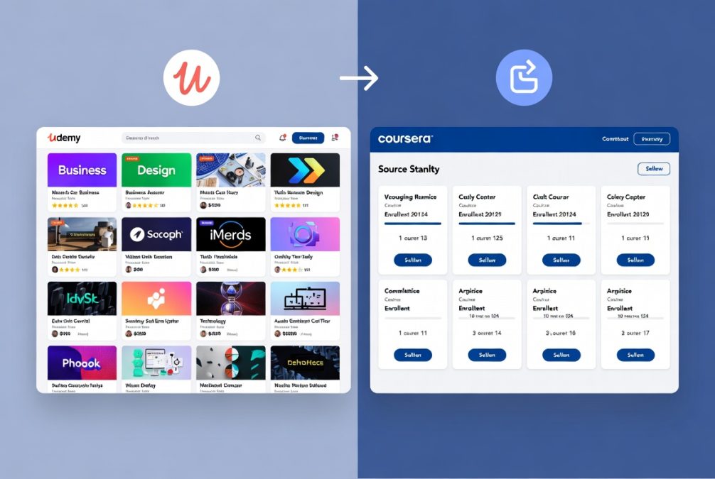 Udemy vs Coursera comparison interface showing differences in learning platforms