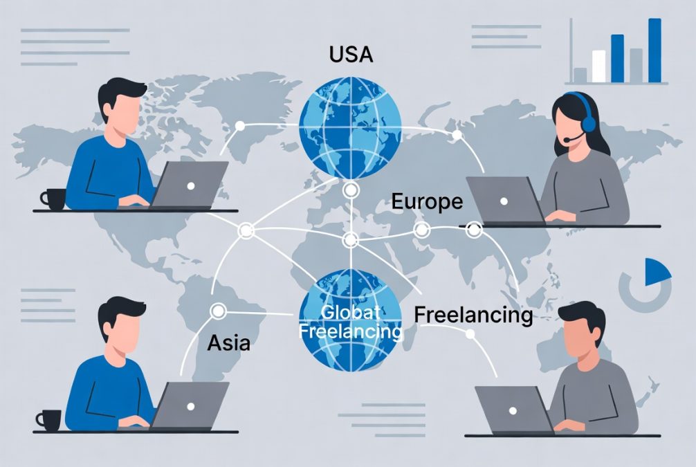 Global freelancing concept showing remote workers connected worldwide