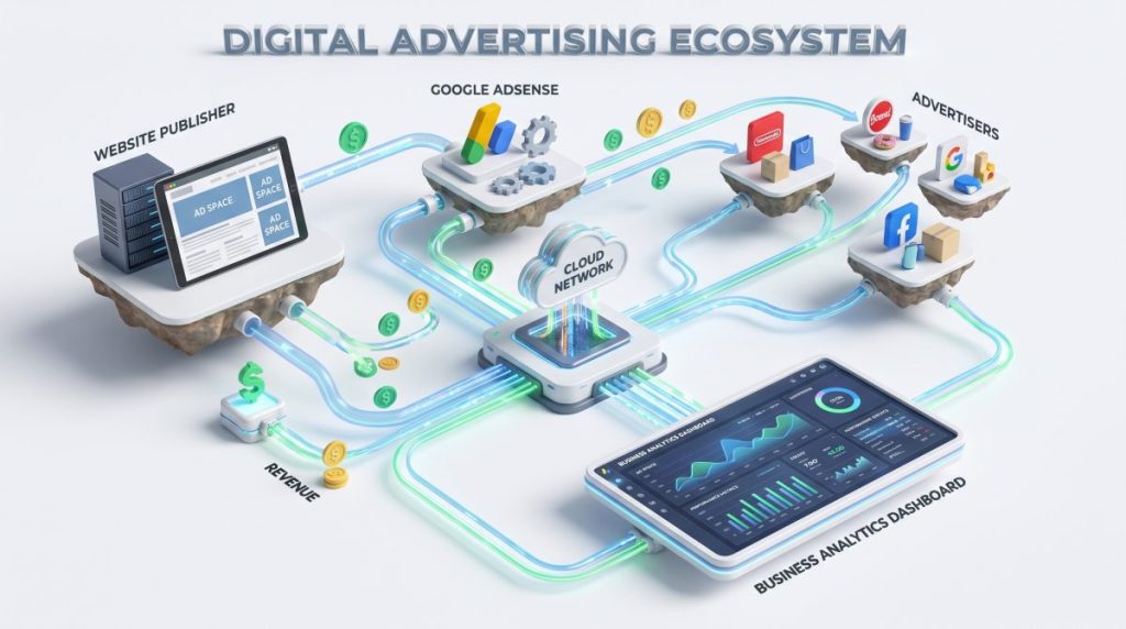 Google AdSense advertising system showing website ads and publisher earnings