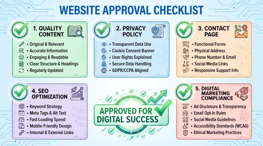 Website approval checklist for Google AdSense with quality content and compliance