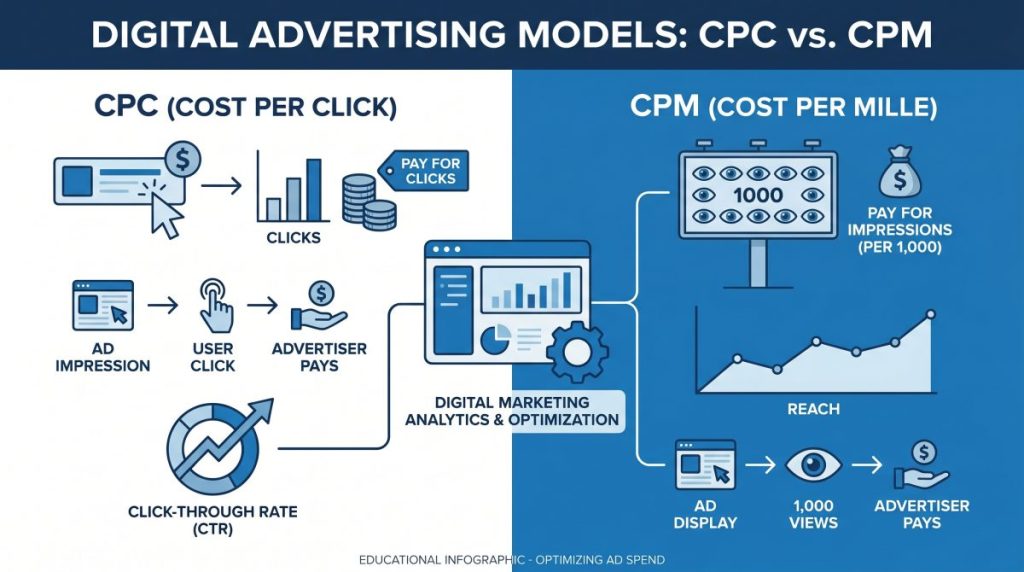 CPC and CPM monetization model illustration for Google AdSense publishers